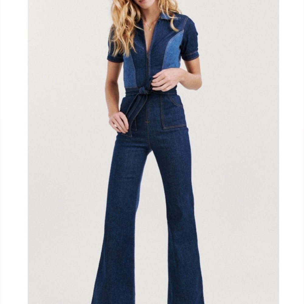 NEW Rare Stoned Immaculate Blue Jean Baby Denim Jumpsuit 70s Flared-Small/4-NWT - Picture 2 of 16